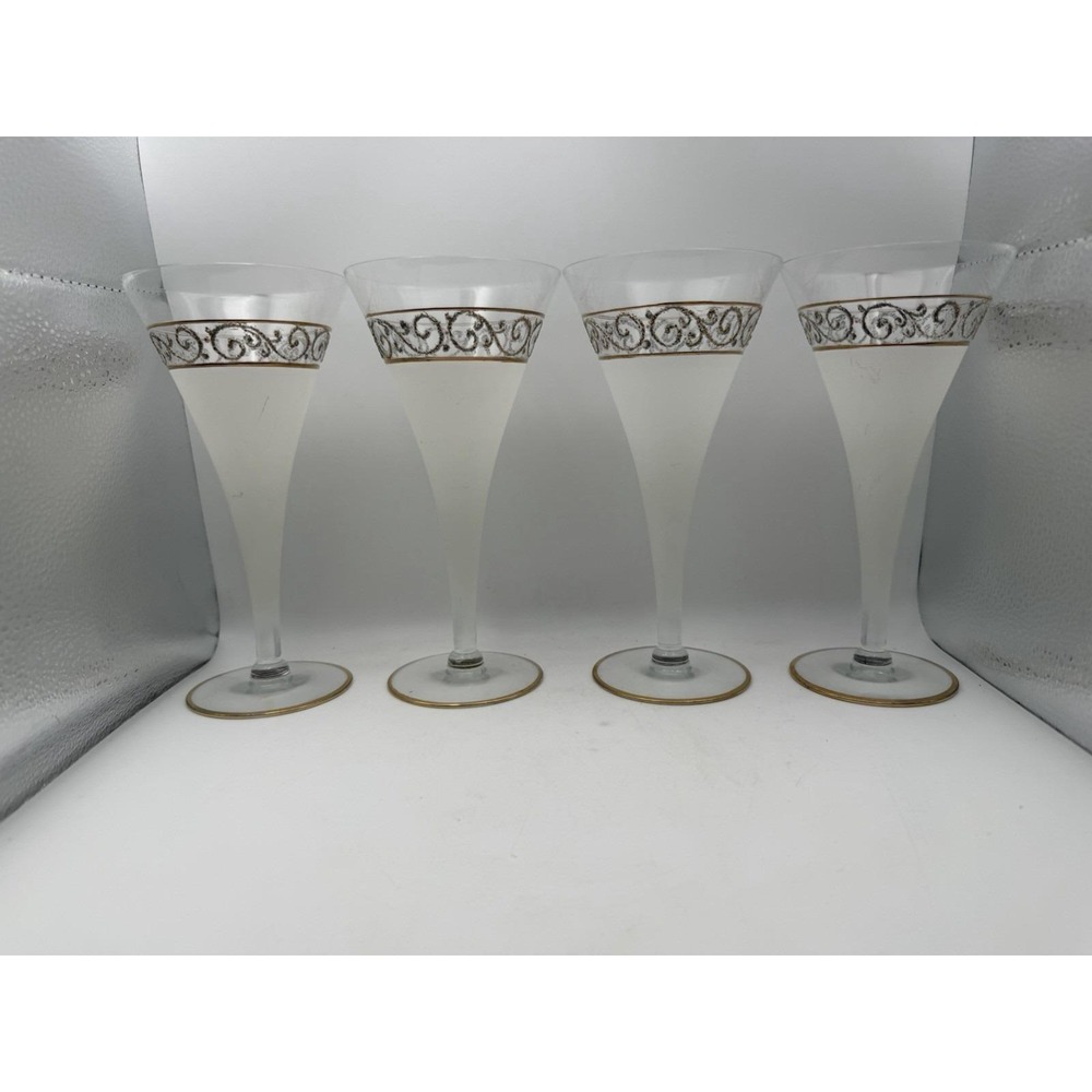 Vintage MCM Frosted White Champagne Cocktail Glasses Gold Silver Scroll Set of 4